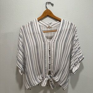 SIM & SAM Blue-Gray & White Vertical Stripe Tie-Front Button Up Size L